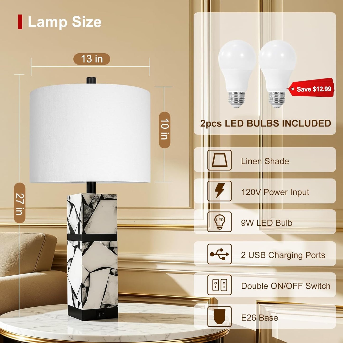 Scenekoy 27" Alabaster Table Lamps Set of 2 with Night Light for Living Room Bedroom, Nightstand Lamps with Linen Shade, Modern Bedroom Lamps with USB A+C Ports for Living Room Office (Bulb Included)