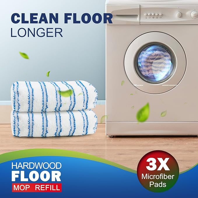 Large Surface Flat Mop, 15x8 Inches, 3Pack Microfiber Wet Mop Refills, Reusable & Washable, Compatible with Hardwood Floor & More, Includes 1 Cleaning Scraper