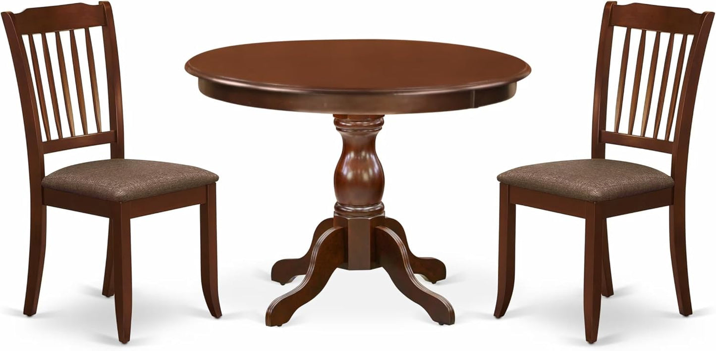 East West Furniture HBDA3-MAH-C 3 Piece Dining Set Contains a Round Dining Room Table with Pedestal and 2 Linen Fabric Upholstered Chairs, 42x42 Inch, Mahogany