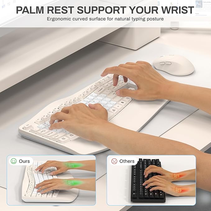 Ergonomic Wireless Keyboard and Mouse Combo, Wave Keys Keyboard with Wrist Rest for Natural Typing, 3 DPI Adjustable Ergonomic Silent Mouse for Computer/Laptop/Windows/Mac (Latte Color-B)