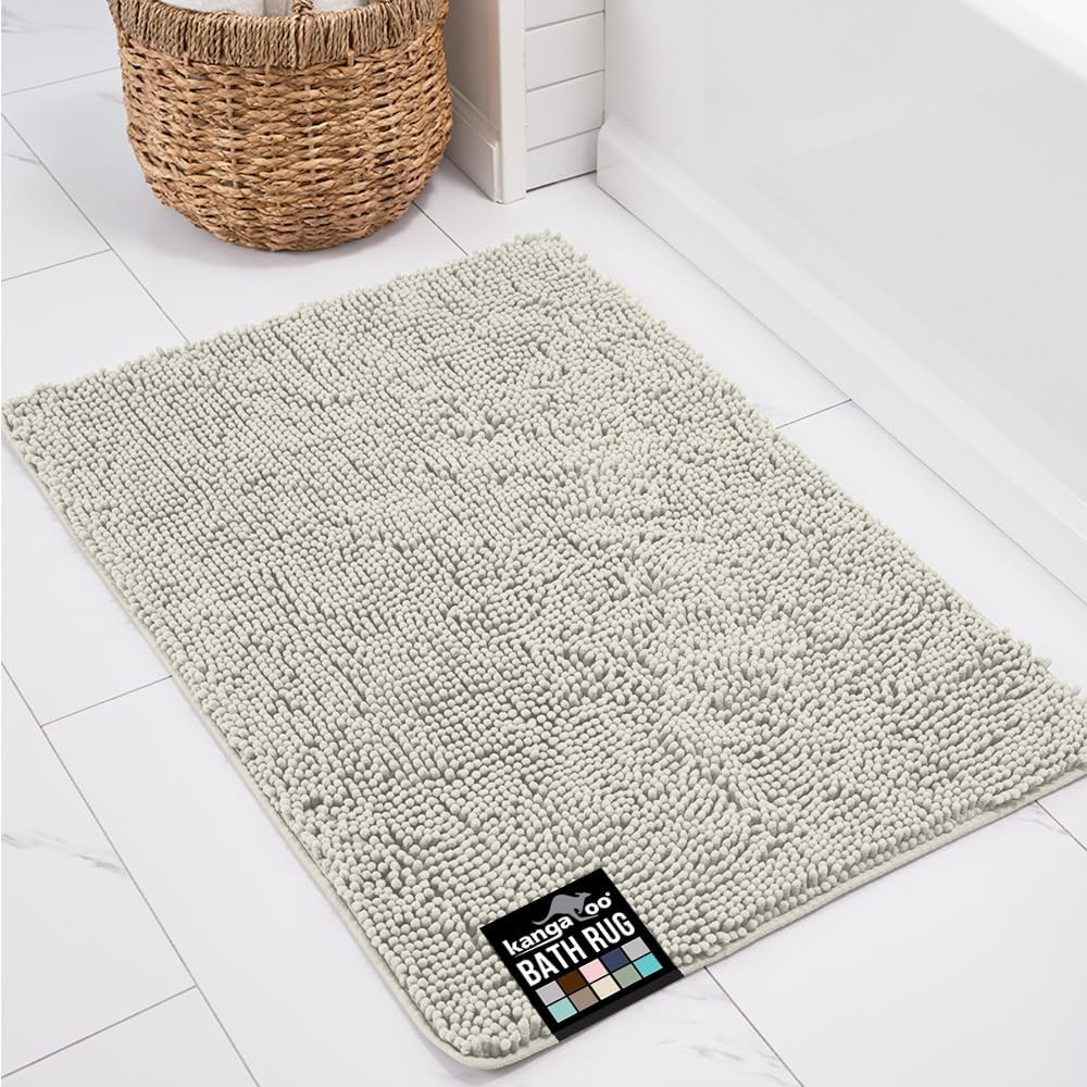 KANGAROO Bathroom Rugs, Chenille Soft Absorbent Bath Rug, Shaggy Shower Mat, Quick Dry Machine Wash Bathmat, Plush Carpet Mats for Tub, Bathtub and Room Home Decor Accessories, 24x17, Cream