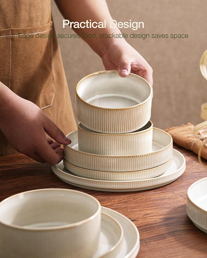 Famiware Star Dinnerware Set with Pasta Bowls, Service for 4 (16pcs), Ribbed Stoneware Plates and Double Bowls Dishes Sets - Chip & Scratch Resistant, Microwave & Dishwasher Safe, Cappuccino White