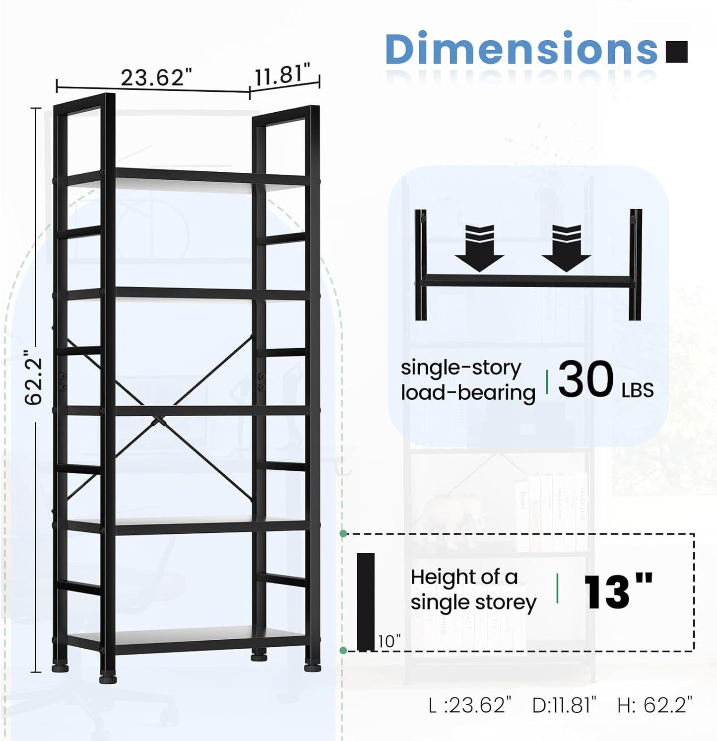 DUMOS 5 Tier Book Shelf Tall Modern Bookcase Set of 2 for Books, CDs, Movies, Storage and Organization Bookshelf Industrial Home Decor for Bedroom Office Kitchen Living Room, Black
