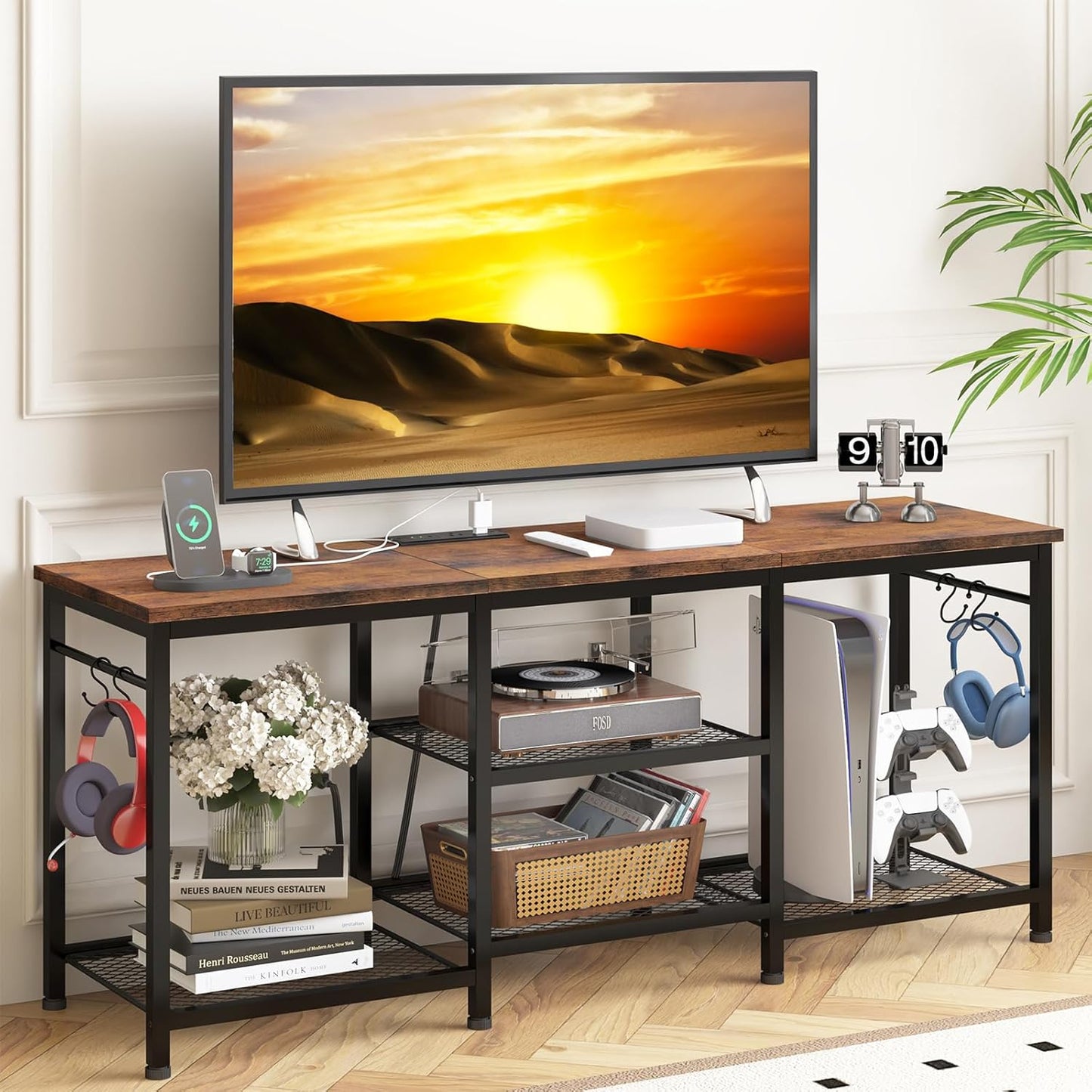 YGEOMER Entertainment Center for 55 inch TVs, TV Stand with Power Outlet and Open Storage Shelves, TV Media Console Table for Living Room and Bedroom, Rustic Brown
