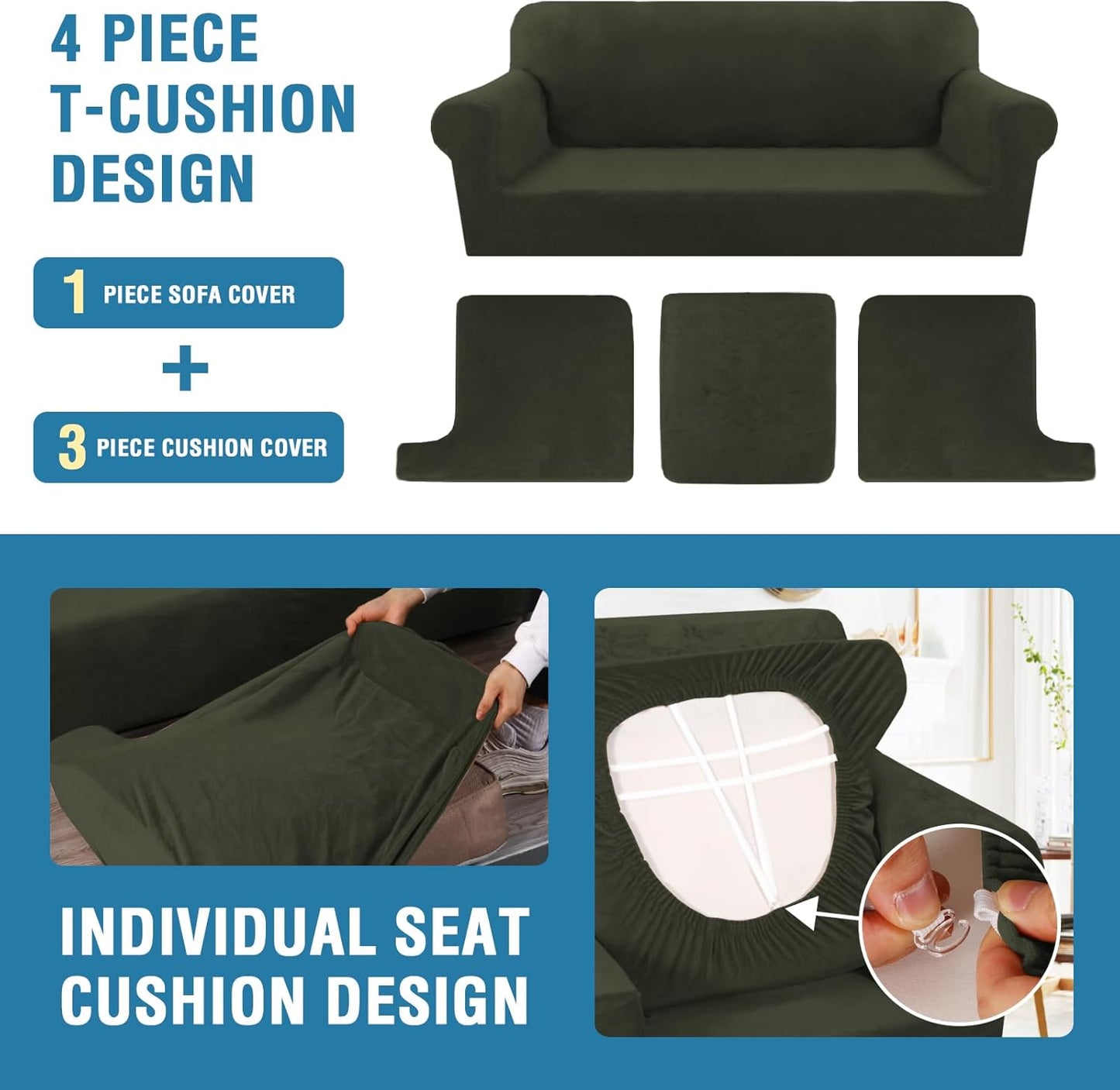 H.VERSAILTEX Sofa Cover 4 Piece T Cushion Sofa Slipcovers Thick Velvet Couch Cover Stretch T Cushion Sofa Covers for 3 Cushion Couch with 3 Individual T Cushion Covers, Olive