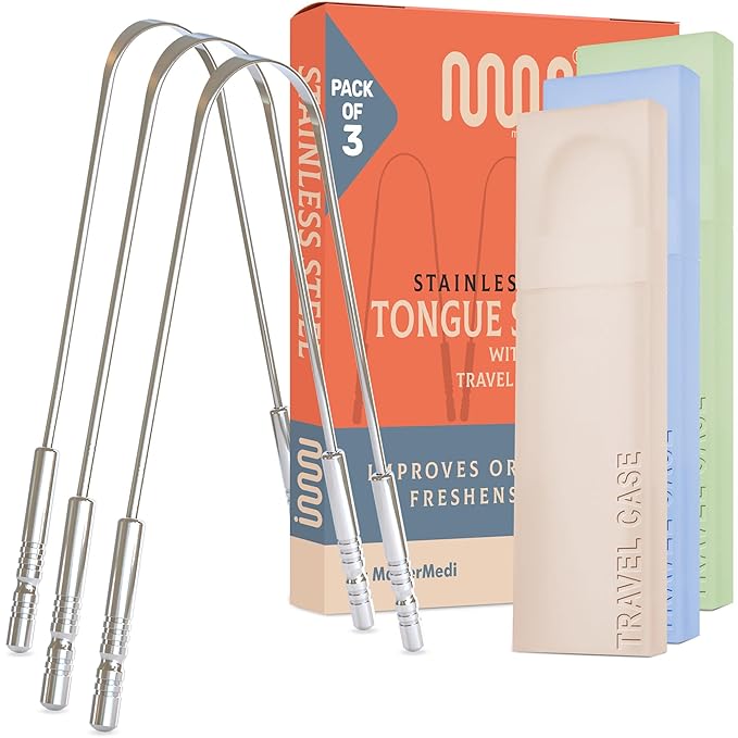 MasterMedi Tongue Scraper for Adults, 100% Stainless Steel Scrubber for Bad Breath, Easy to Use, Tongue Cleaner for Oral Care & Hygiene Set of 3 (with Travel Case)