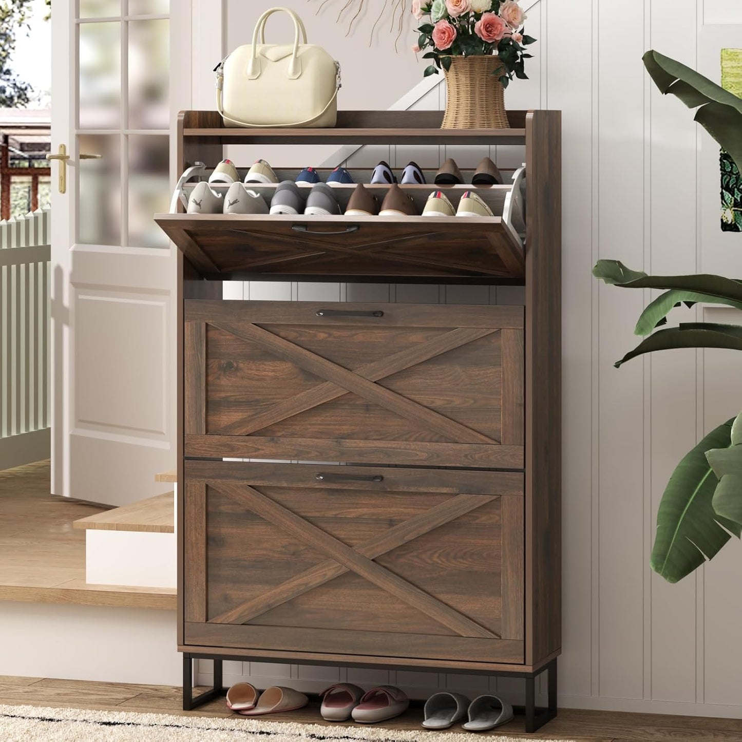 Maupvit Shoe Storage Cabinet with 3 Flip Drawers, Freestanding Organizer with Metal Legs for Entryway, Narrow Shoe Rack Cabinet, Dark Walnut