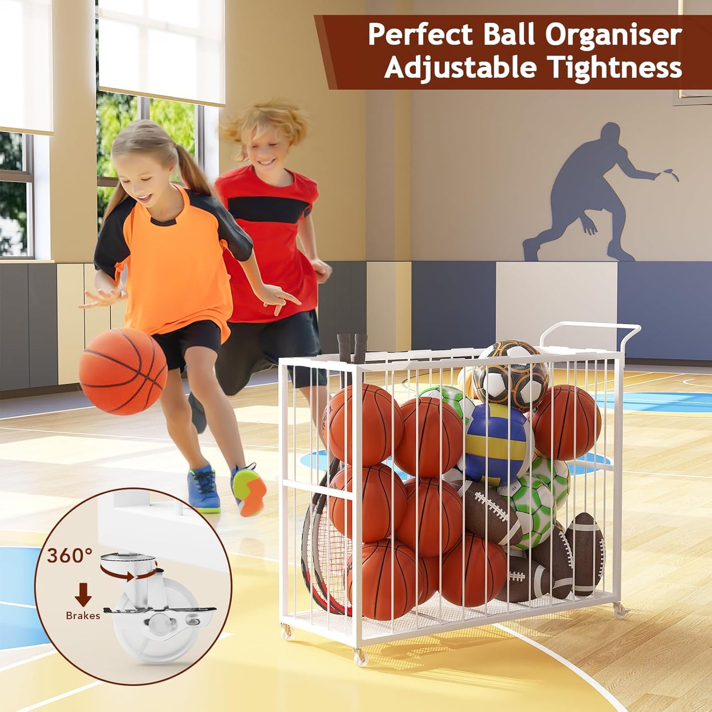 Ball Storage Bin Rolling Sports Ball Cart, Metal Garage Organizer Sport Rack, Ball Basket Storage, Ball Cage for Garage or Gym, Indoor & Outdoor Sports Equipment Organizer