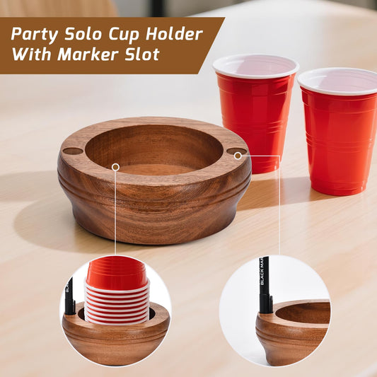 Wooden Cup Holder with Marker Slot - Disposable Plastic Cup Organizer & Dispenser for Hosting Party Essentials Kitchen Bathroom Housewarming Decoration (Walnut Color)