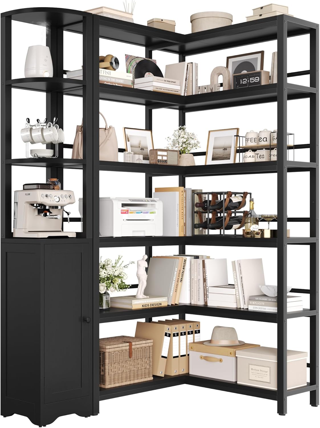 Keyluv Black Corner Bookshelf 72" Tall Corner Book Shelves Cases 2 Pieces Open Bookcase Large Storage Display Shelf Standing 6 Tier Shelving Unit with Cabinet for Home office Living Room, Wood & Metal
