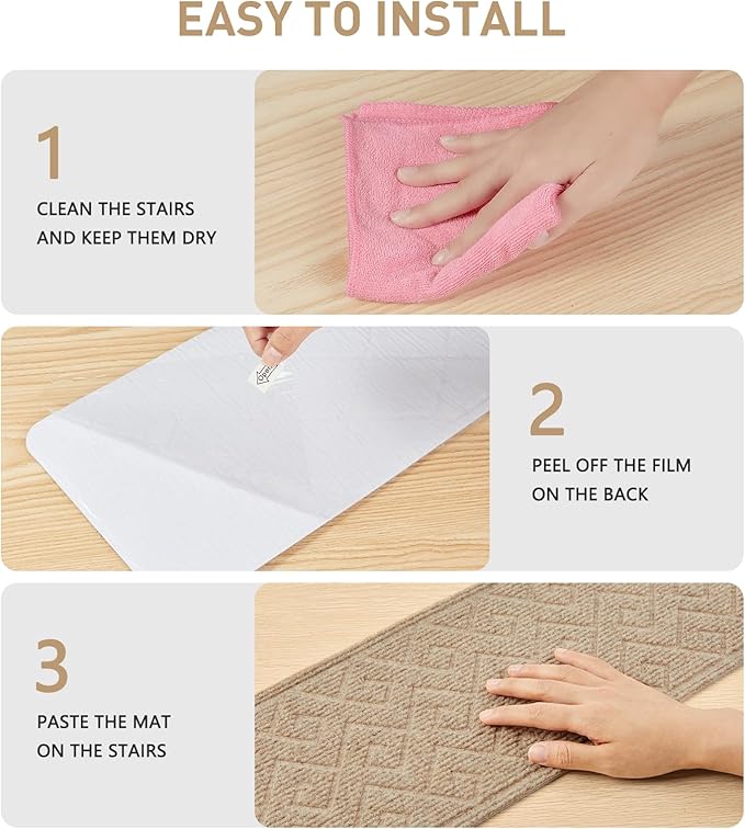 Stair Treads for Wooden Steps, 8" X 30" Non Slip Stair Runner Carpet Indoor with Reusable Adhesive Backing, Soft Tread Mat for Stairs, Ideal for Home Kid Dog, Polyester TPR Backing Stair Rugs-4 Pack
