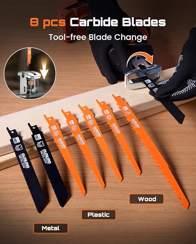 Cordless Reciprocating Saw With 8 Blades – 2×4000mAh Batteries, Brushless Motor, Variable Speed 0‑3200 SPM, Tool‑Free Blade Change, Power Reciprocating Saw for PVC Wood, Metal Cutting DIY