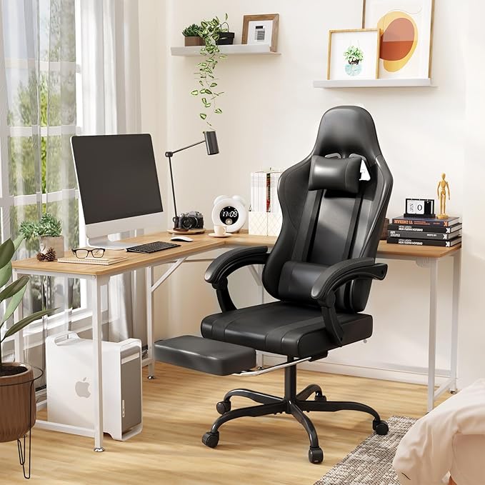 Gaming Chair with Footrest and Massage Lumbar Support, Height Adjustable Game Chair, Video Gaming Chair for Gaming Room, Living Room and Office - Black