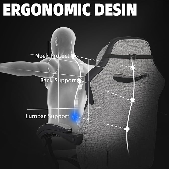 Vonesse Gaming Chair, Reclining Fabric Gaming Chairs for Adults 250LBS, Office Chair with Pocket Spring Cushion, Computer Chair with Footrest and Massage Lumbar Support (Grey)