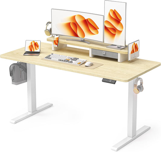 55x24 Inches Electric Standing Desk with Drawer and Monitor Stand, Height Adjustable Stand up Desk for Home Office, Ergonomic Sit to Stand Desk with Phone Holder, 3 Hooks, Oak