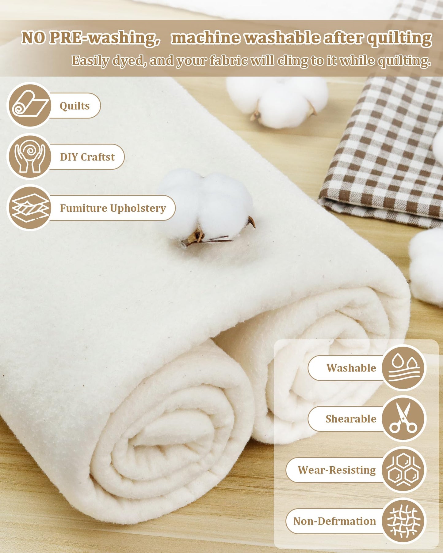 PLANTIONAL Grinding Natural Cotton Quilt Batting: 47-Inch x 59-Inch Light Weight Purely Natural All Season Quilt Batting for Quilts, Craft and Wearable Arts