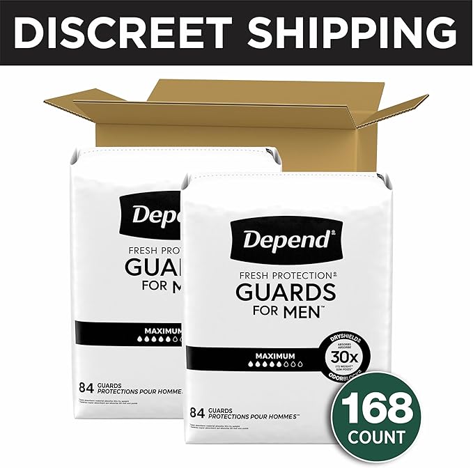 Depend Guards Incontinence Pads for Men, Maximum Absorbency, 168 Count (2 Packs of 84), Packaging May Vary