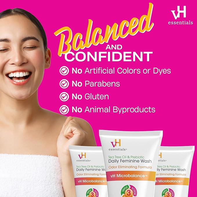 vH essentials, Ph Balanced Daily Feminine Wash, Tea Tree Oil & Prebiotic, 6, Fl Oz, (Pack Of 2) 54306 Clear