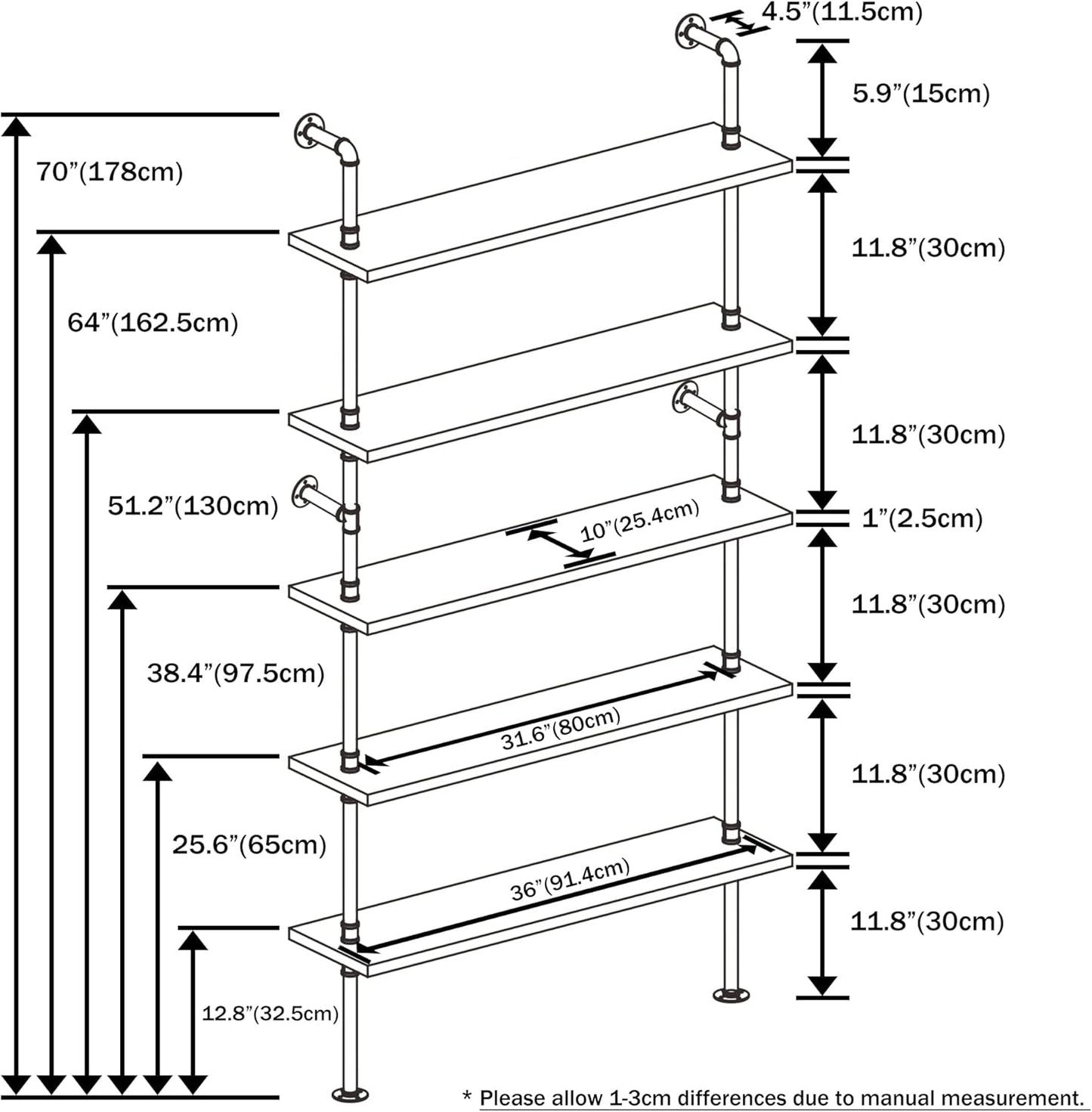 Ladder Pipe Shelves, Wall Mounted Industrial Shelves for Living Room Storage (White, 5 Tier - 10" D x 36" W x 70" H)