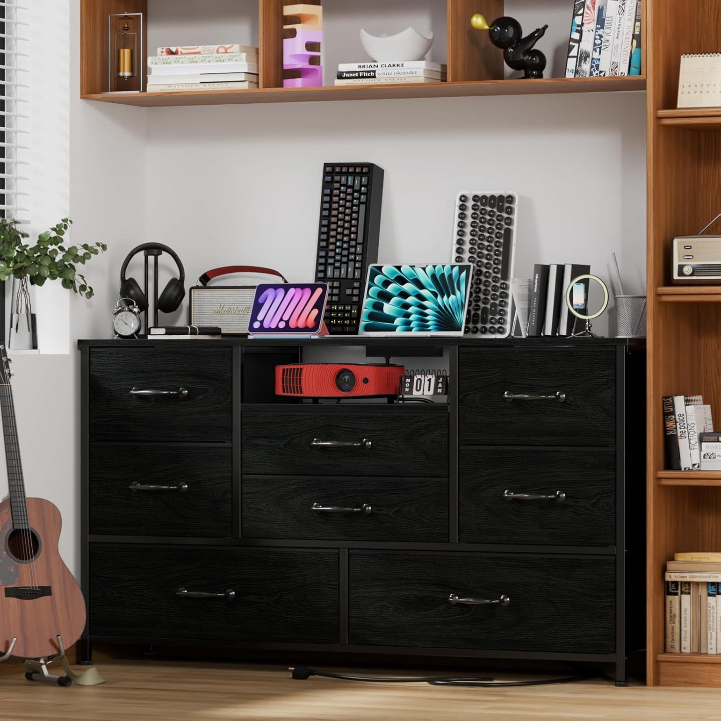Furnulem Dresser TV Stand with Power Outlet for 55'' Long TV, Entertainment Center with 8 Deep Drawers,Wide Chest of Drawer for Storage in Bedroom,Closet,Living Room,Hallway(Black Oak)