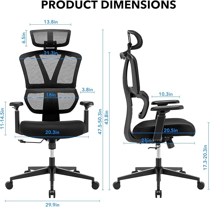 Ergonomic Office Chair - 400 lbs Capacity High-Back Mesh Computer Chair with Lumbar Support, Adjustable Headrest | Home and Gaming Desk Chair，Black