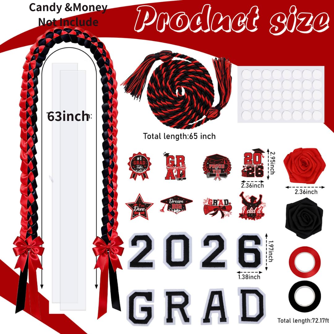 Hamdwerk 26Pcs 2026 Graduation Candy Leis Making Kit, Class of 2026 Graduation Ribbon Lei, Double Braided Necklace Decorations with Flower Patches Honor Cord for DIY Graduate Gifts Party Supplies