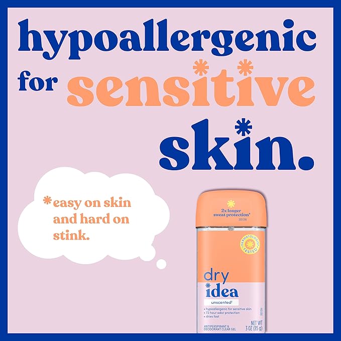 Dry Idea Gel Deodorant & Antiperspirant for Women - Hypoallergenic for Sensitive Skin, 2X Longer Sweat Protection, 72Hr Sweat & Odor Protection, Unscented Womens Deodorant, 3 oz (6 Pack)