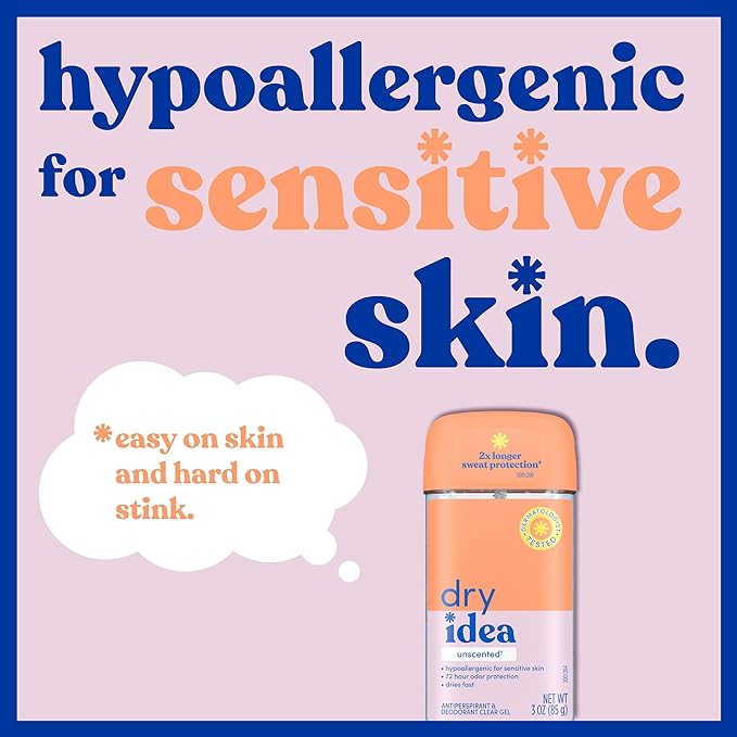 Dry Idea Gel Deodorant & Antiperspirant for Women - Hypoallergenic for Sensitive Skin, 2X Longer Sweat Protection, 72Hr Sweat & Odor Protection, Unscented, Womens Deodorant, 3 oz