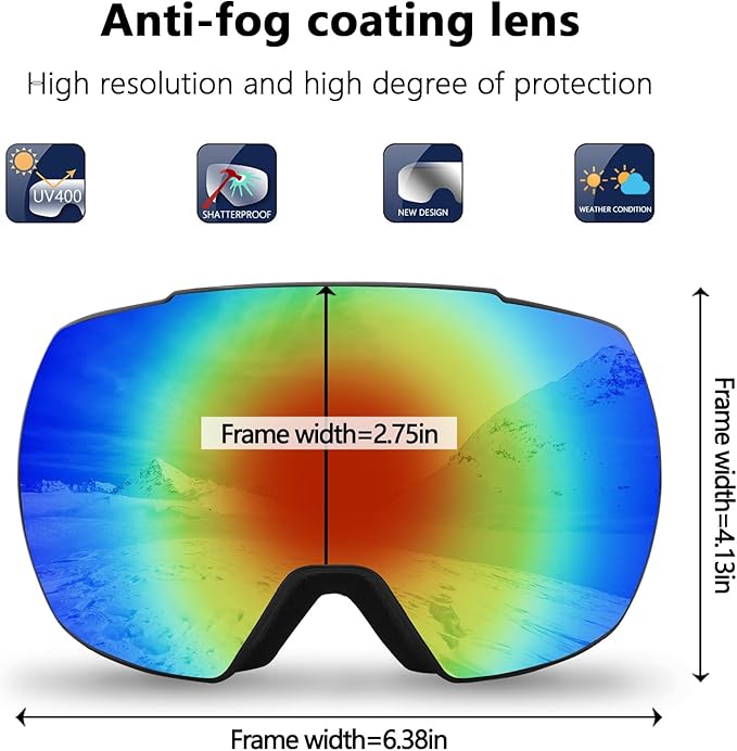 OULAIQI OTG Ski Goggles UV400 Anti-Fog Snowboard Glasses for Men Women Youth- Perfect for Skiing, Snowboarding,Winter Sports