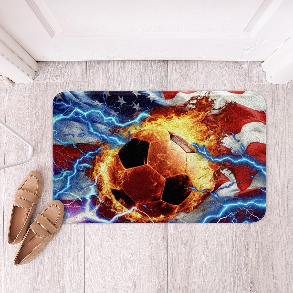 Feelyou 3D Soccer Ball Non Slip Bath Mat Ball Games Sports Polyester Bath Rug for Kids Boys Girls Retro USA Flag Soft Fleece Door Carpet American Flag Bathroom Floor Indoor Doormat,20x32 Inch