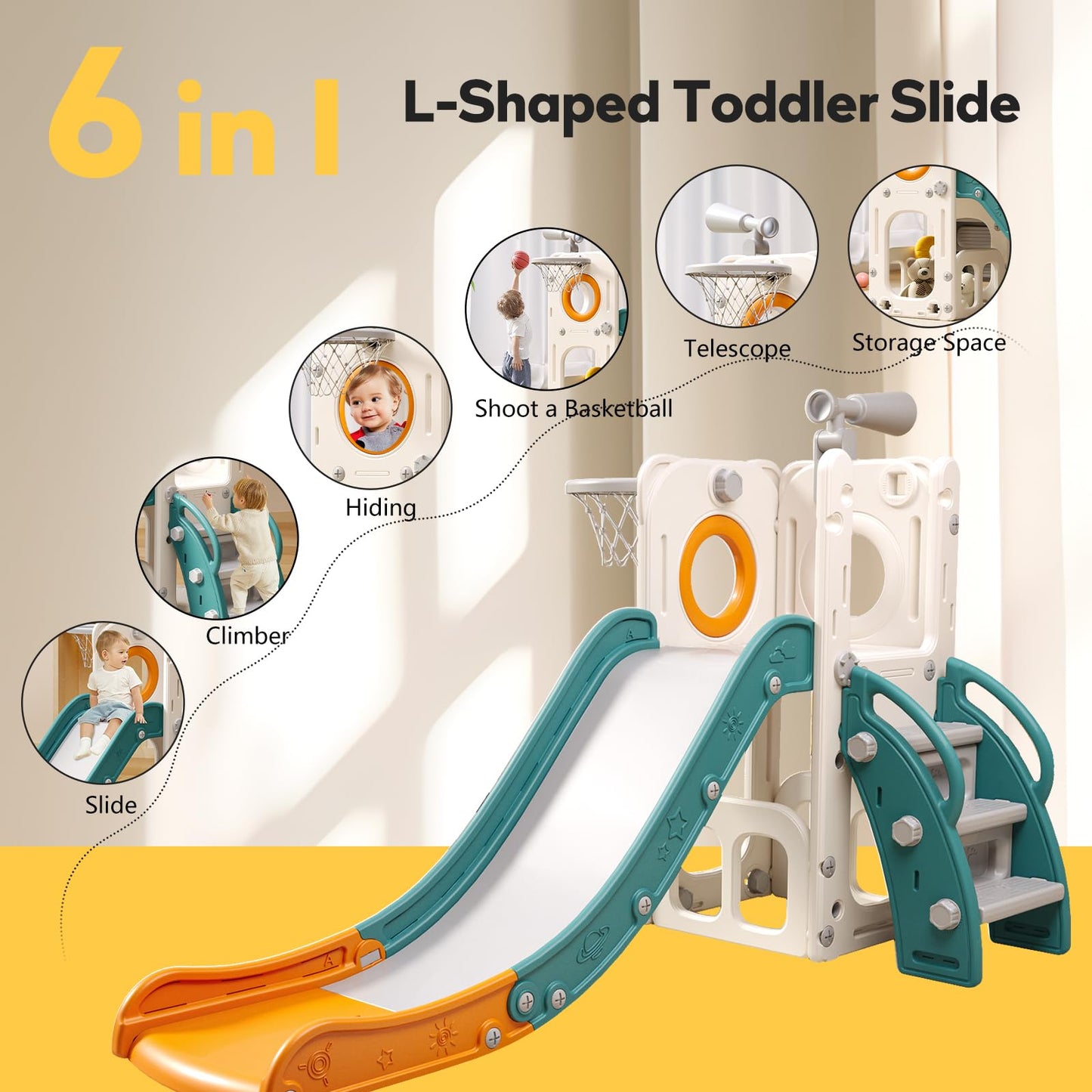 Baotree 6 in 1 Toddler Playset with Slide, Kids Slide with Basketball Hoop, Ball, Ring Toss, Indoor Outdoor Toys