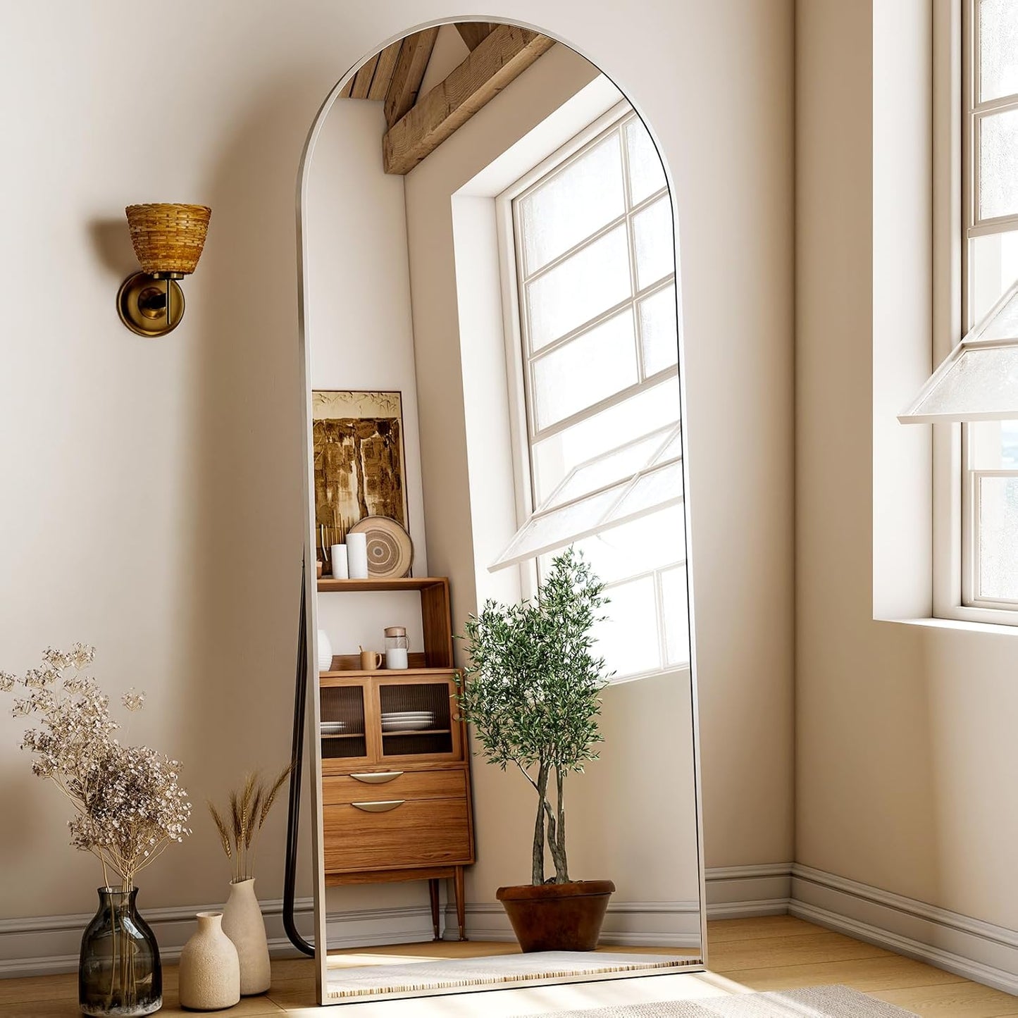56"x21" Floor Full Length Mirror Standing Full Body Rounded Corner Rectangle Mirrors with Stand Hanging Wall Mounted Leaning Bedroom Living Room Bedroom Cloakroom