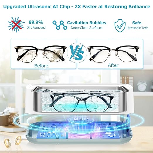Ultrasonic Jewelry Cleaner Machine, 49kHz Mini Ultrasonic Cleaner for Glasses, Jewelry, Rings, Earrings, Eyeglasses, Retainers, Dentures, 22 oz 304 Stainless Steel Tank, 3 Cleaning Modes