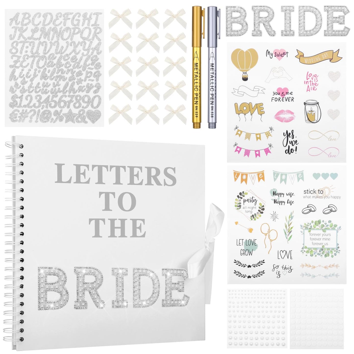 Wukfuiui Letters to The Bride Scrapbook 8 x 8 Inch Wedding Photo Album Kit DIY Guest Book for Bride with Metallic Pens Pearl Stickers Bows Memory Book with Thick Paper for Letters, Bridal Shower Gifts