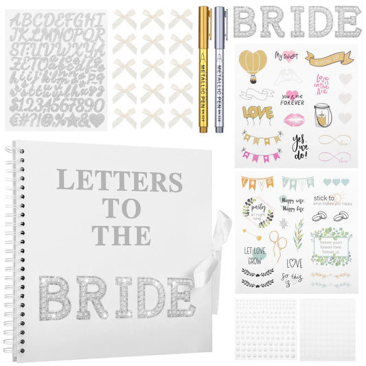 Wukfuiui Letters to The Bride Scrapbook 8 x 8 Inch Wedding Photo Album Kit DIY Guest Book for Bride with Metallic Pens Pearl Stickers Bows Memory Book with Thick Paper for Letters, Bridal Shower Gifts