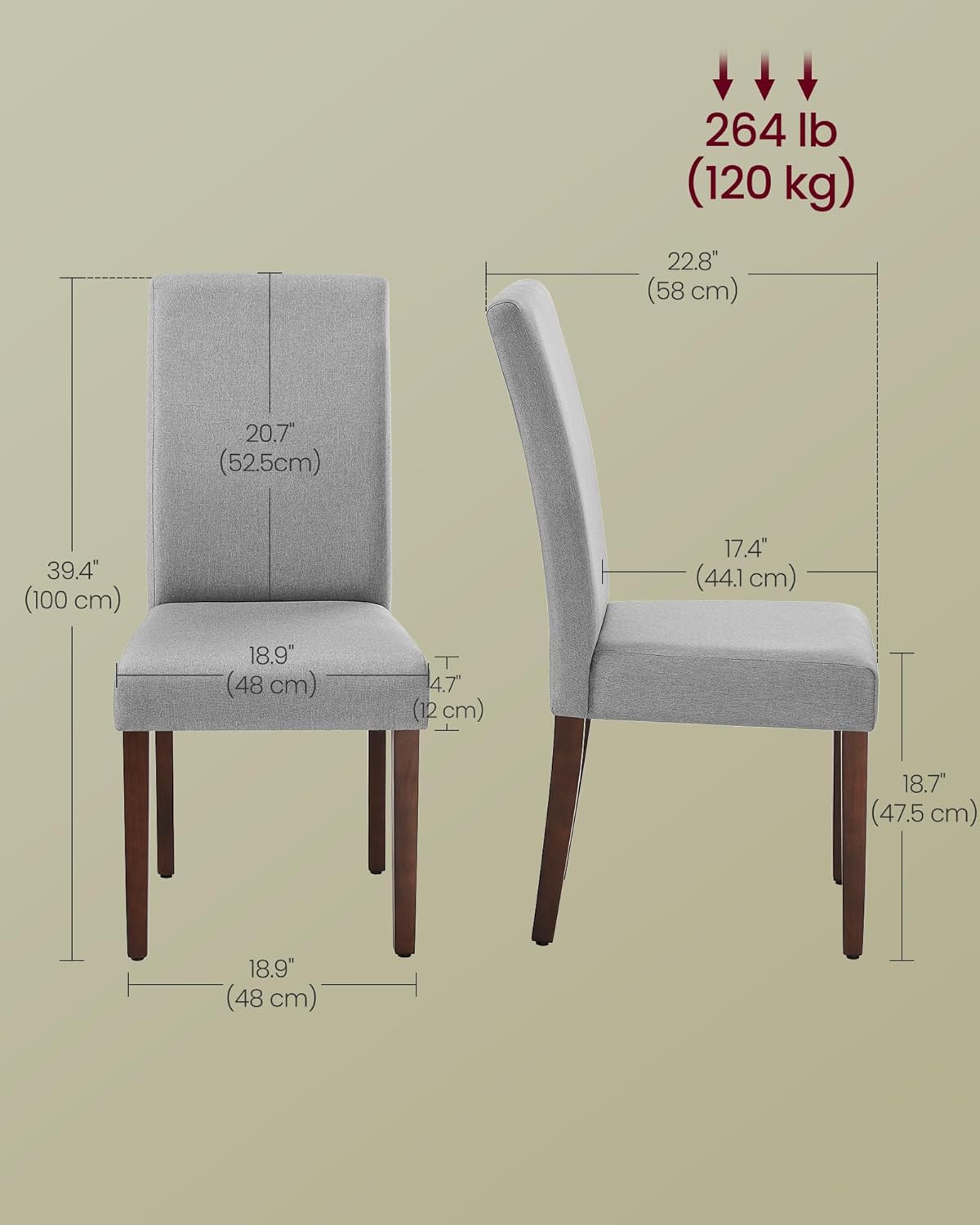 VASAGLE Dining Chairs, Parsons Chairs with Removable Fabric Cover, High Back, for Dining Room Kitchen, Set of 2, Thick Seat, 22.8 x 18.9 x 39.4 Inches, Dove Gray UKDC152G01