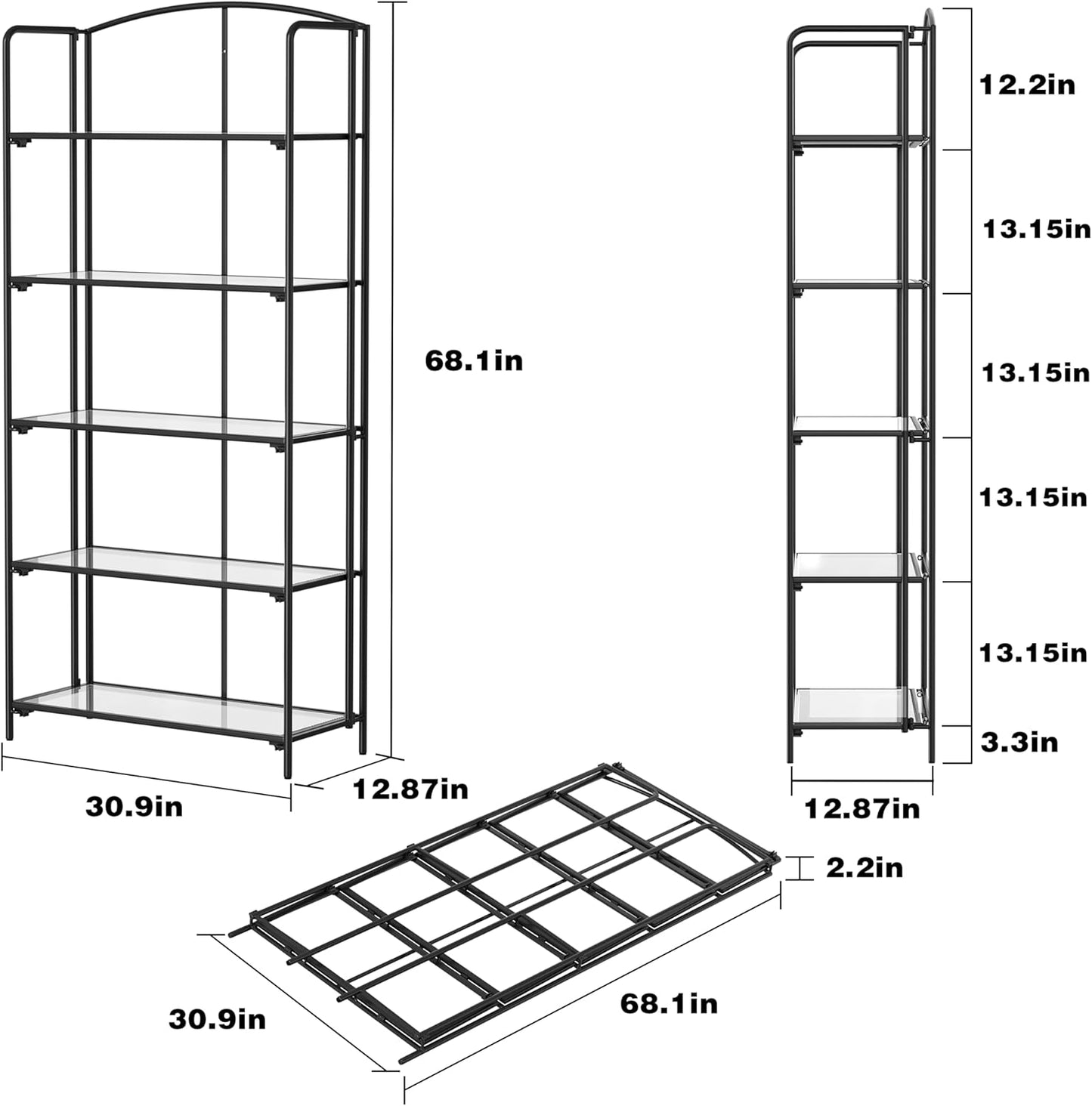 Crofy No Assembly Folding Bookshelf for Living Room, 5 Tier Black Collapsible Book Shelf for Home Office, Portable Bookcase Storage Organizer