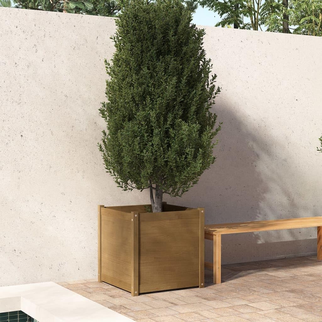 FMPGJLYH Square Garden Planter Box Large Outdoor Flower Bed for Patio Balcony Solid Pine Wood Honey Brown 23.6 inch