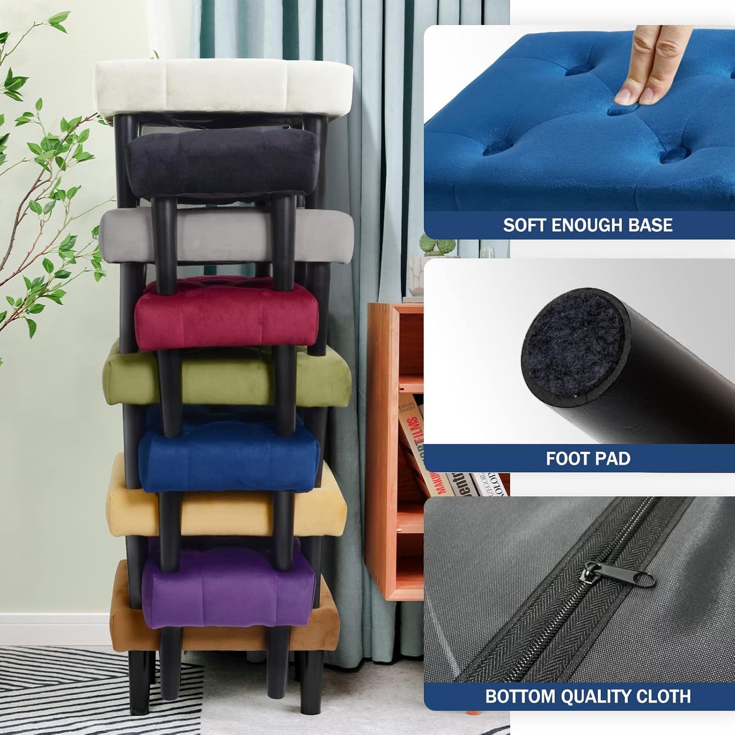 HOUCHICS Small Footstool Ottoman, Velvet Wooden Foot Stool Ottoman with Wood Legs, Sofa Footrest Extra Seating for Living Room Entryway Office(Blue 1PACK)