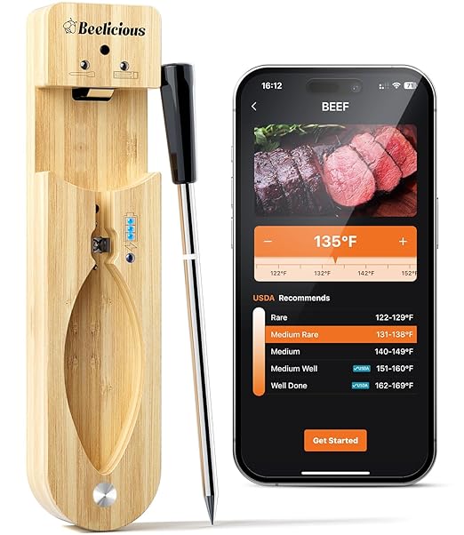 Beelicious Pro Wireless Meat Thermometer – Stable Bluetooth Smart Probe with ±1.8℉ Accuracy, 0.5s Fast Response & Long-Lasting Battery, IP67 Waterproof, App Controlled for Grill, Oven, Air Fryer
