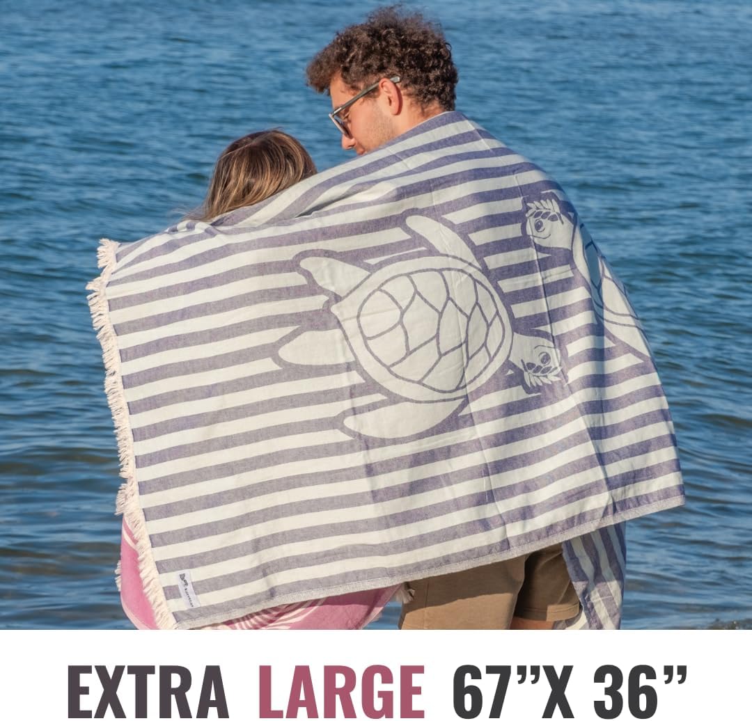 Turkish Beach Towel - 100% Organic Cotton - Soft, Quick-Dry, Sand Proof, Prewashed - Lightweight & Oversized for Beach, Pool, Yoga, Bath, Travel, Gym, Throw - Turqua (Blue)
