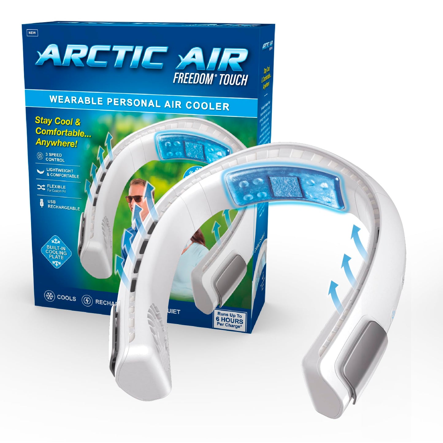 Arctic Air Freedom Touch Personal Neck Fan, 3-Speed Rechargeable Cooling Device, Long-Lasting, Lightweight Portable Neck Cooler,