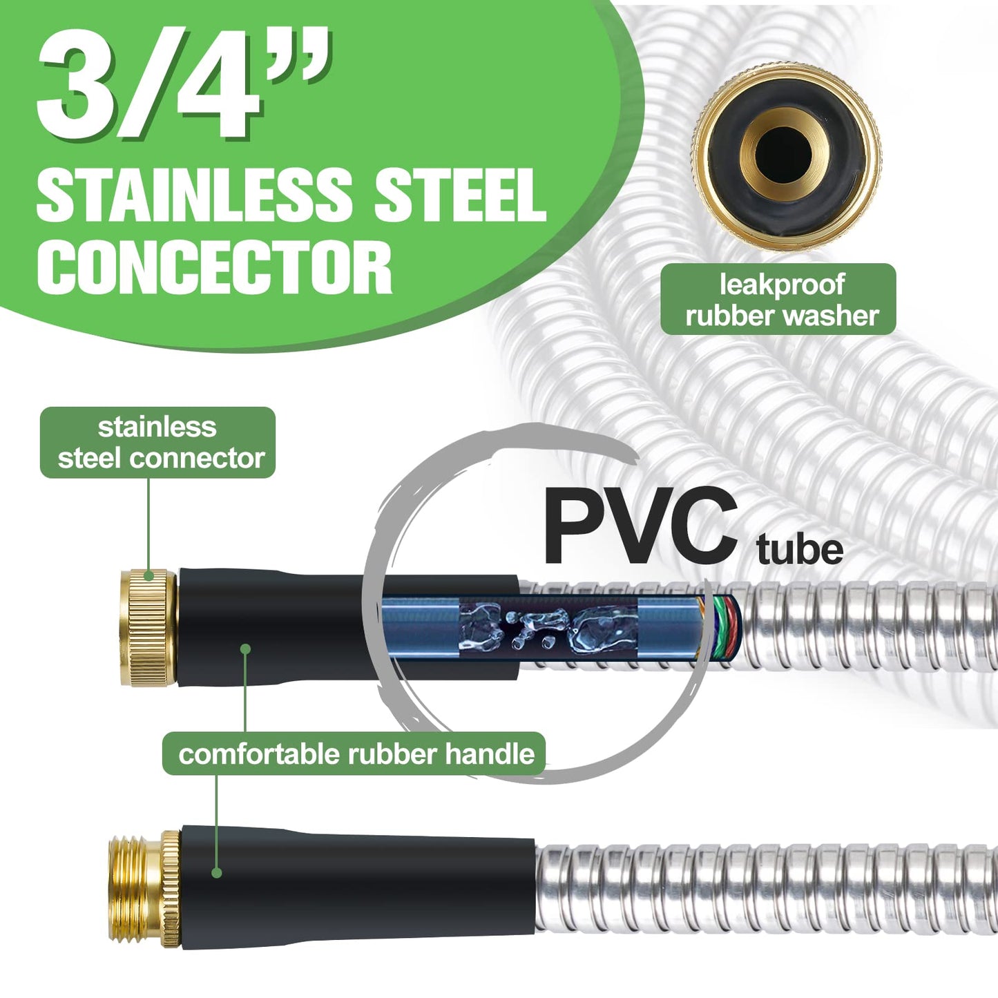 TVKB Metal Garden Hose 75ft Stainless Steel Water Hose Super Tough Flexible Water Pipe with 3/4 inch Brass Fittings and Sprayer Nozzle, Kink & Tangle Free, Rust Proof
