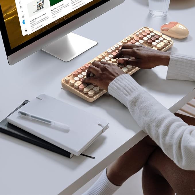 MOFII Wireless Keyboard and Mouse Combo, Milk Tea Colorful Round Key Typewriter Keyboards, 2.4G Full Size Keyboard and Cute Wireless Mice, USB Receiver Plug and Play, for Laptop, PC, Windows