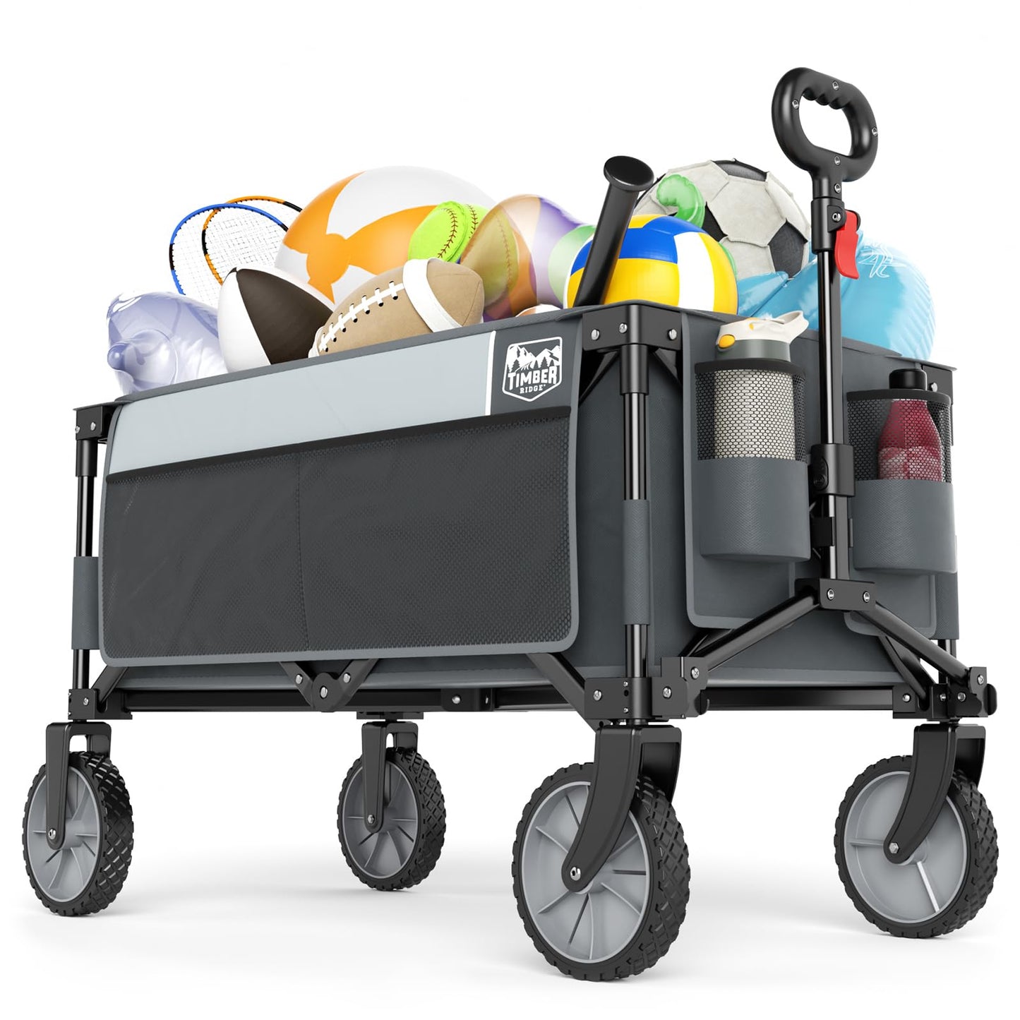 Timber Ridge Collapsible Outdoor Folding Wagon Cart Heavy Duty Camping Patio Shopping Garden Cart with Side Bag Cup Holder, Grey