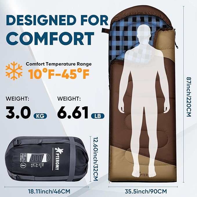 PTEROMY Sleeping Bags for Adults, Lightweight and Machine Washable, Water Resistant Backpacking Camping Sleeping Bag for Warm Cold Weather, Camping Essentials for Hiking Travel