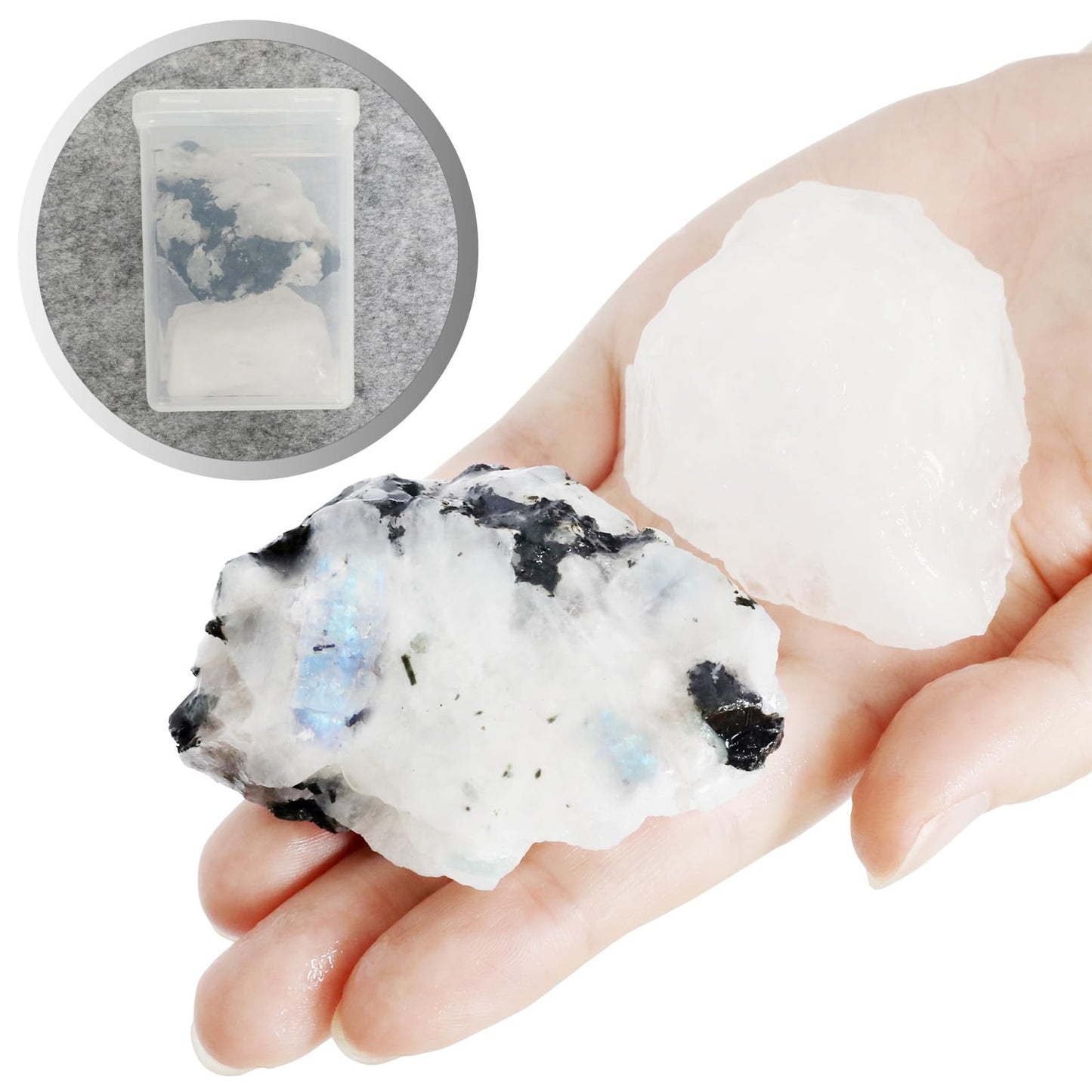 Orientrea Large Raw Rainbow Moonstone Rough Crystal with Clear Quartz, Natural Rainbow Moonstone Crystal and Healing Stones for Tumbling, Decoration, Polishing, Wire Wrapping, Wicca & Reiki 2PCS