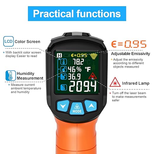 MESTEK Infrared Thermometer Gun, Non Contact Digital Laser Thermometer Temperature Gun with Color LCD for Cooking, Home Repairs, Humidity Measurement, Adjustable Emissivity -58°F to 1472°F(-50~800°C)