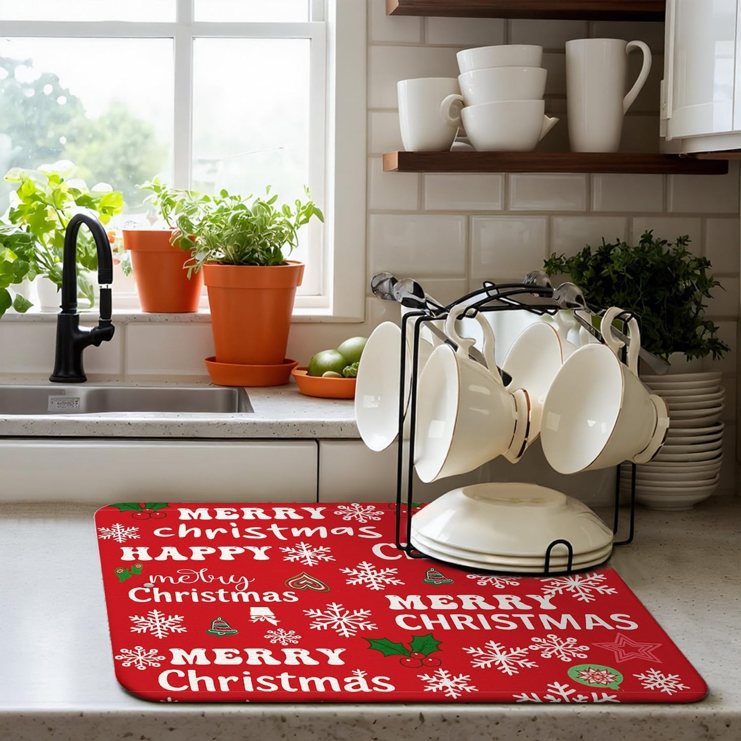 Red Christmas Drying Mat for Kitchen Counter 16" X 18" Christmas Dish Drying Mat for Kitchen Decor Red Xmas Drying Mats For Home Counter Drying Mats For Dishes Dish Mat Drying Mat