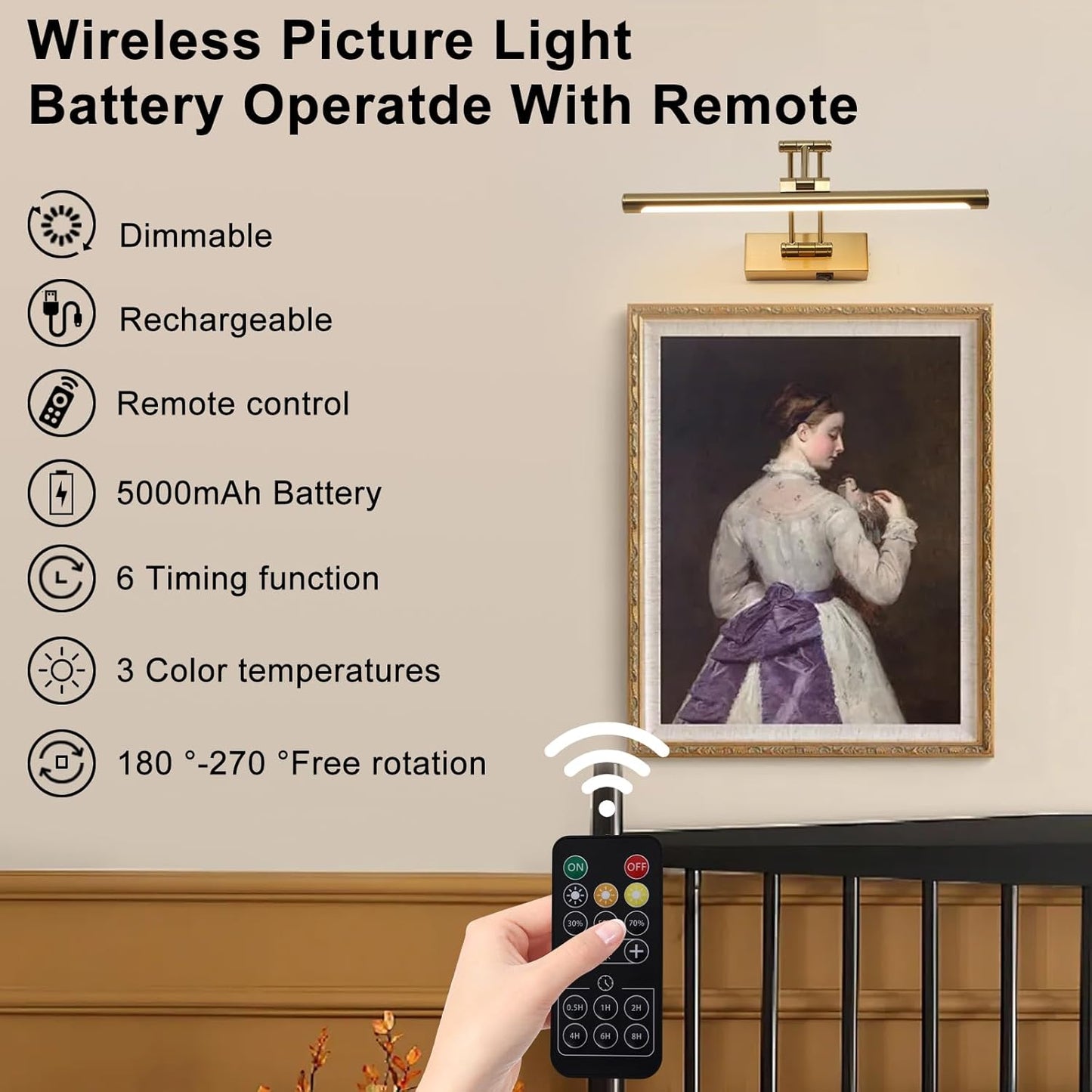 Battery Picture Lights for Wall, Rechargeable Gallery Light Wireless Art Display Lights with Dual-Rods Swing Arm Brass Painting Light with Remote & Timer 3CCT Dimmable Wall Sconces for Portrait 16”